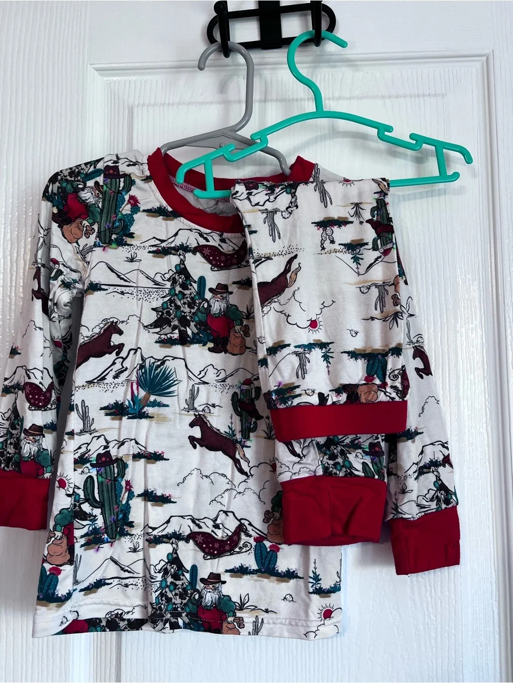 Kids Western Cowboy Print Pajama Set - Red Trim
